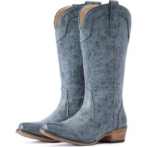 🆕Women Brown Mid Calf Fashion Cowgirl Boots with Embroidery Western Snip Toe